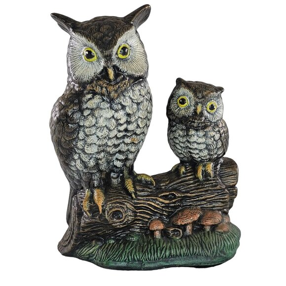 Vintage Owl Mom Baby Perched On Log With Mushrooms Figurine Hand Painted - Picture 1 of 8